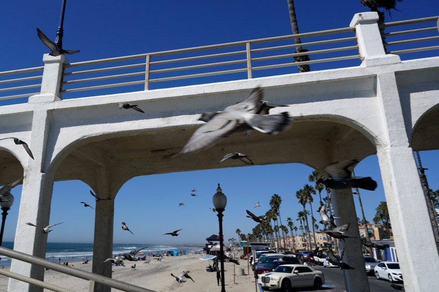 Birds fly past a bridge connecting the Oceanside pier to Pacific Street Friday, Oct. 15, 2021, in Oceanside, Calif. (AP Photo/Gregory Bull)