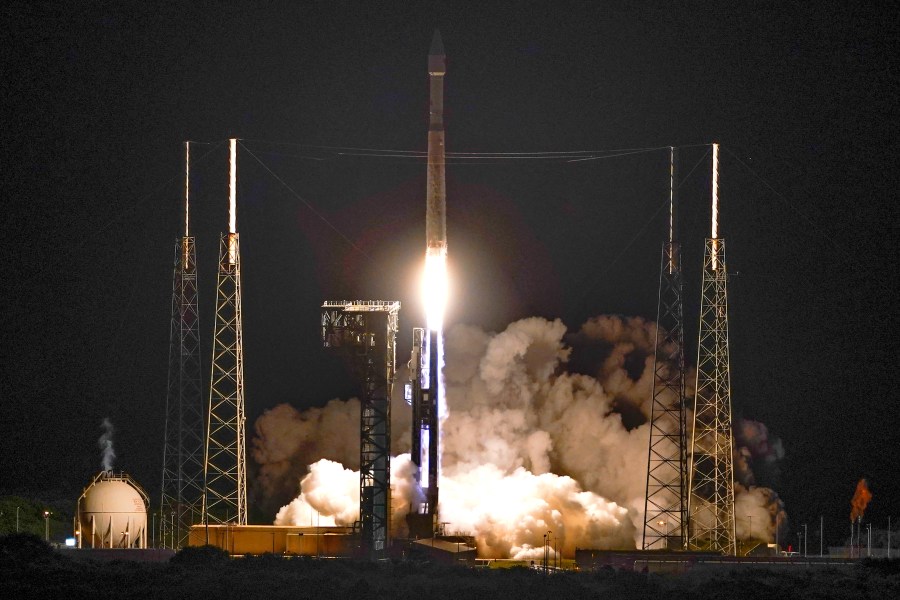 A United Launch Alliance Atlas V rocket carrying the LUCY spacecraft lifts off from Launch Complex 41 at the Cape Canaveral Space Force Station, Saturday, Oct. 16, 2021, in Cape Canaveral, Fla. (AP Photo/(John Raoux)