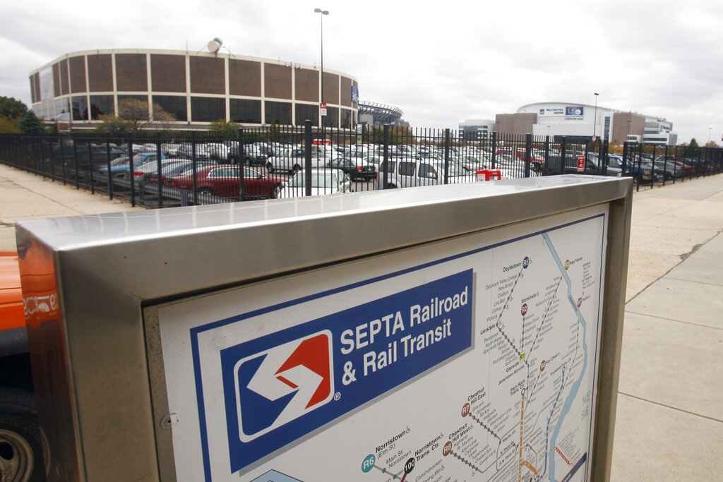 In this Friday, Oct. 30, 2009 file photo, A SEPTA transit map is shown outside the Pattison subway station near the Wachovia Spectrum, left, and the Wachovia center, right in Philadelphia. (AP Photo/Matt Slocum, File)