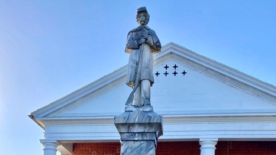 This Oct. 19, 2021, photo shows a Confederate monument in front a county courthouse in Nottoway County, Va. (AP Photo/Robert Burns)