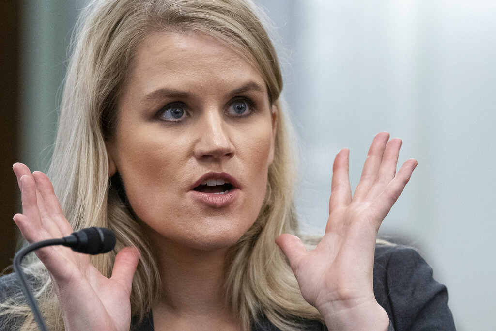 In this Oct. 5, 2021 file photo, former Facebook employee Frances Haugen speaks during a hearing on Capitol Hill, in Washington. (AP Photo/Alex Brandon, file)