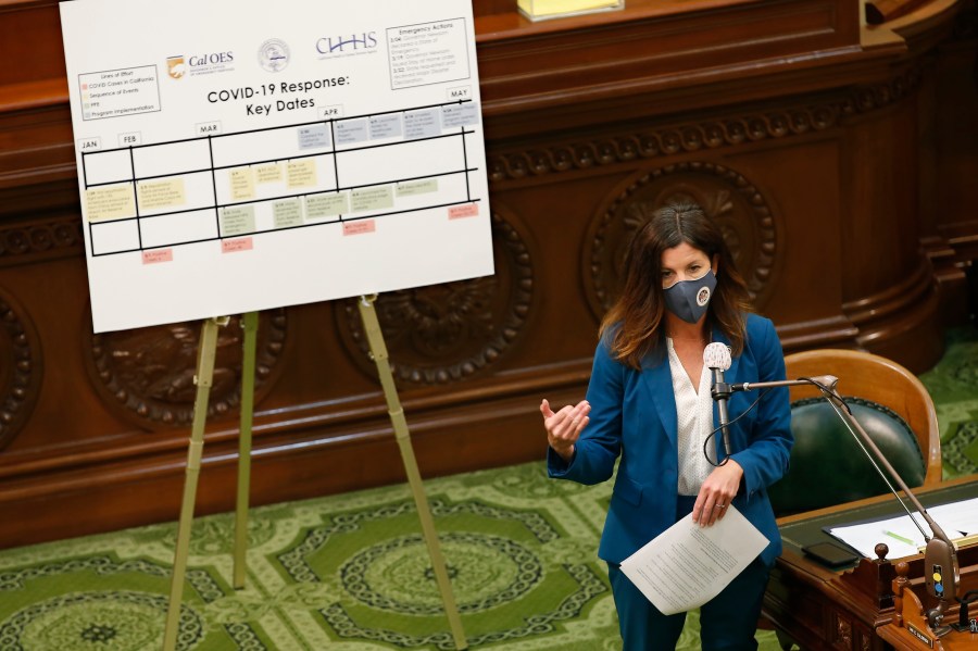 In this May 11, 2020, file photo, Assemblywoman Cottie Petrie-Norris speaks during an oversight hearing in Sacramento, Calif. (AP Photo/Rich Pedroncelli, File)