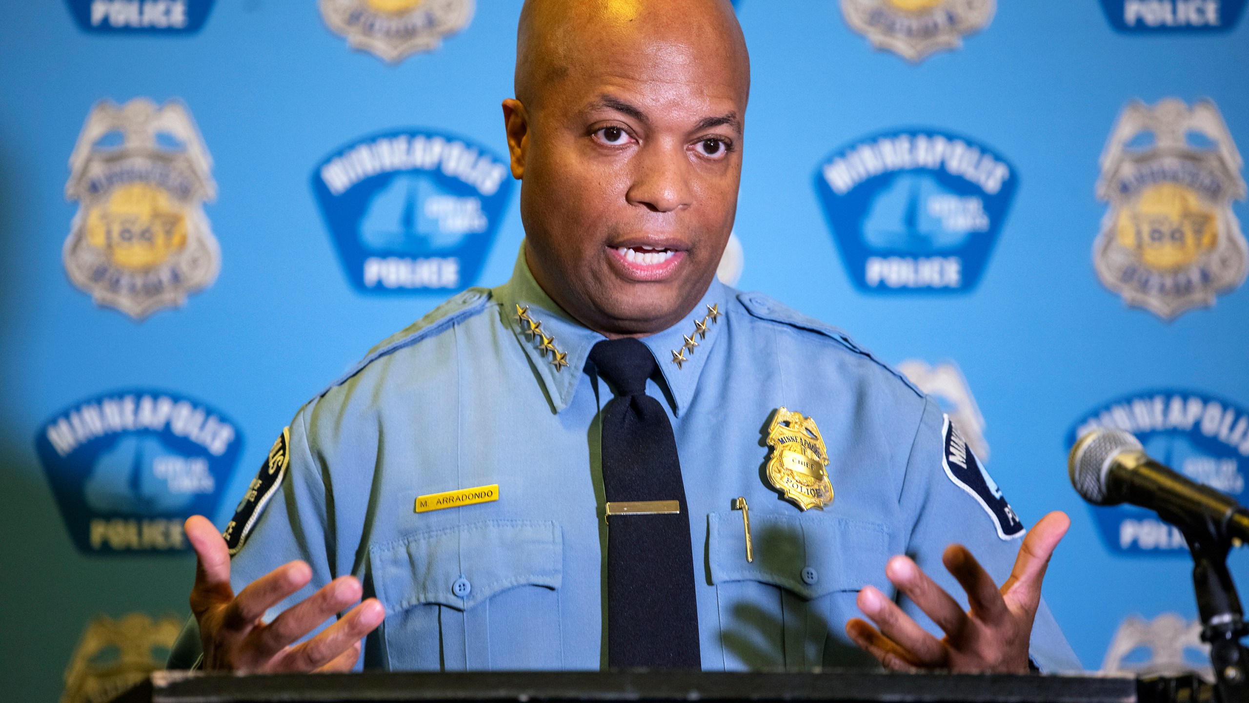 Minneapolis Police Chief Medaria Arradondo addresses the media regarding the proposed charter amendment that would replace the police department, during a new conference at St. Mary's Greek Orthodox Church, Wednesday, Oct. 27, 2021, in Minneapolis. (Elizabeth Flores/Star Tribune via AP)