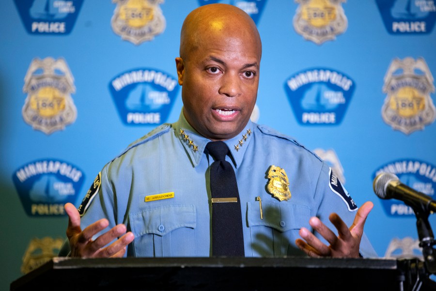 Minneapolis Police Chief Medaria Arradondo addresses the media regarding the proposed charter amendment that would replace the police department, during a new conference at St. Mary's Greek Orthodox Church, Wednesday, Oct. 27, 2021, in Minneapolis. (Elizabeth Flores/Star Tribune via AP)