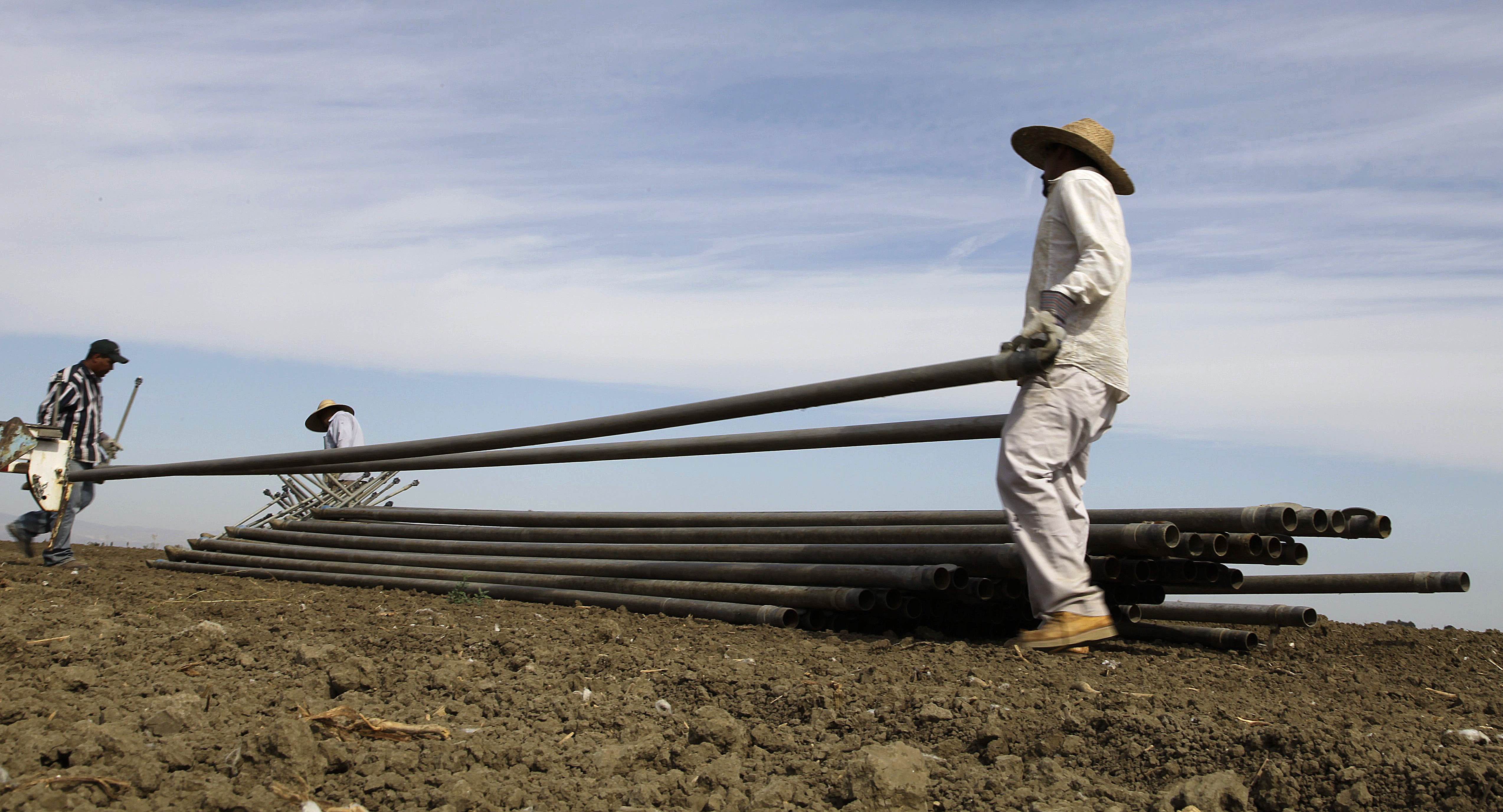 In this June 25, 2013, photo, workers move irrigation pipes from a field in the Westlands Water District near Five Points, Calif. (AP Photo/Gosia Wozniacka, File)