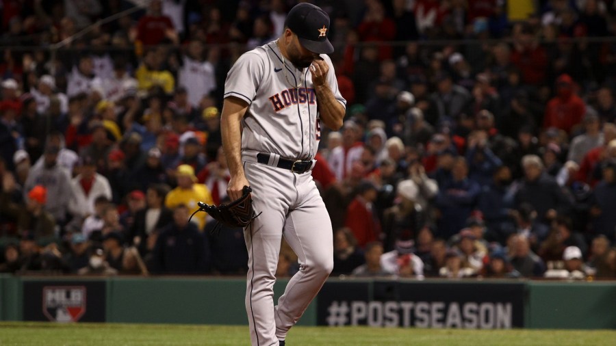 Houston Astros starting pitcher Jose Urquidy leaves the game against the Boston Red Sox during the second inning in Game 3 of baseball's American League Championship Series Monday, Oct. 18, 2021, in Boston. (AP Photo/Winslow Townson)