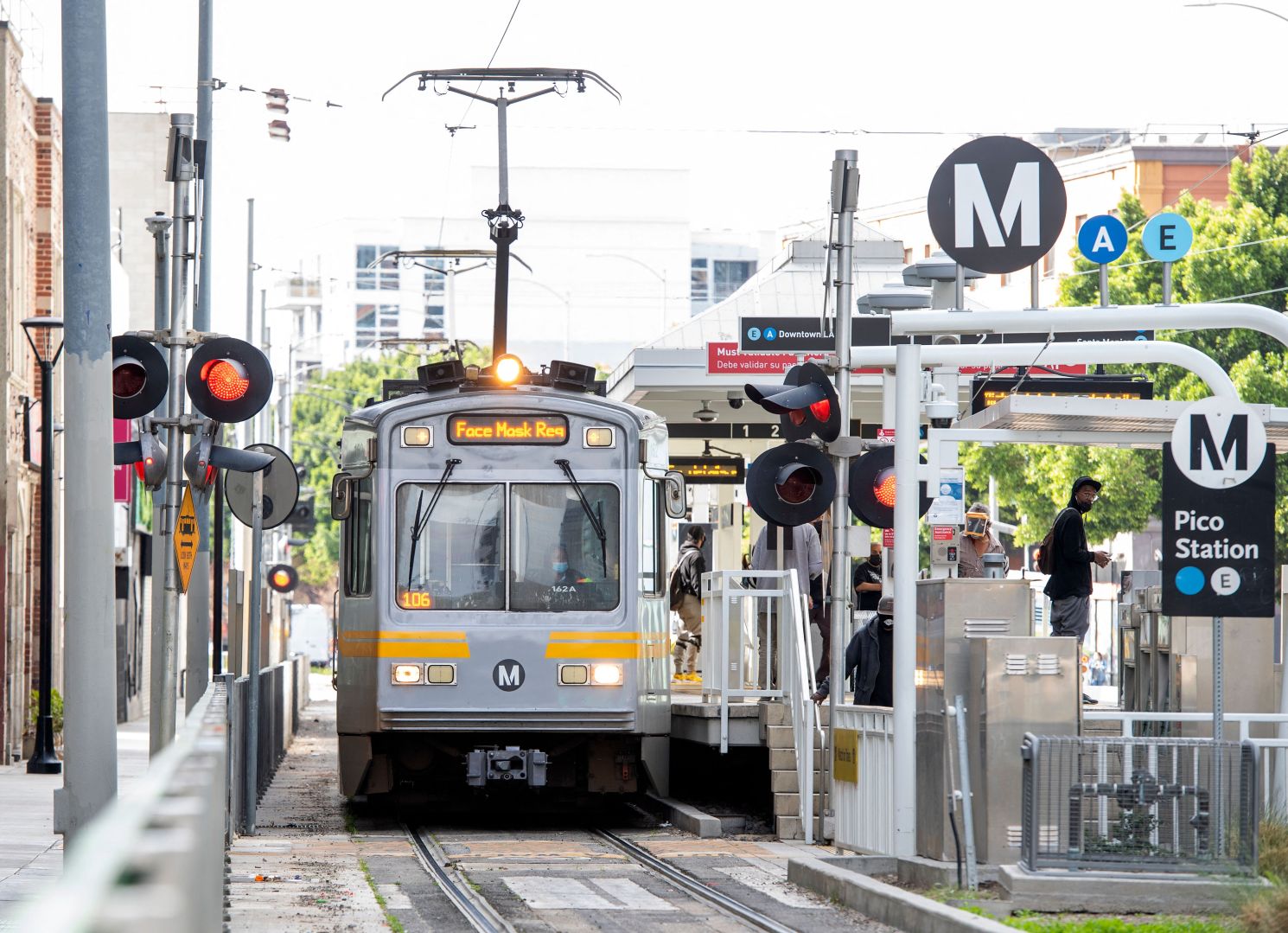 A Metro line train in the downtown area on March 8, 2021 in Los Angeles, California. (Photo by VALERIE MACON / AFP) (Photo by VALERIE MACON/AFP via Getty Images)