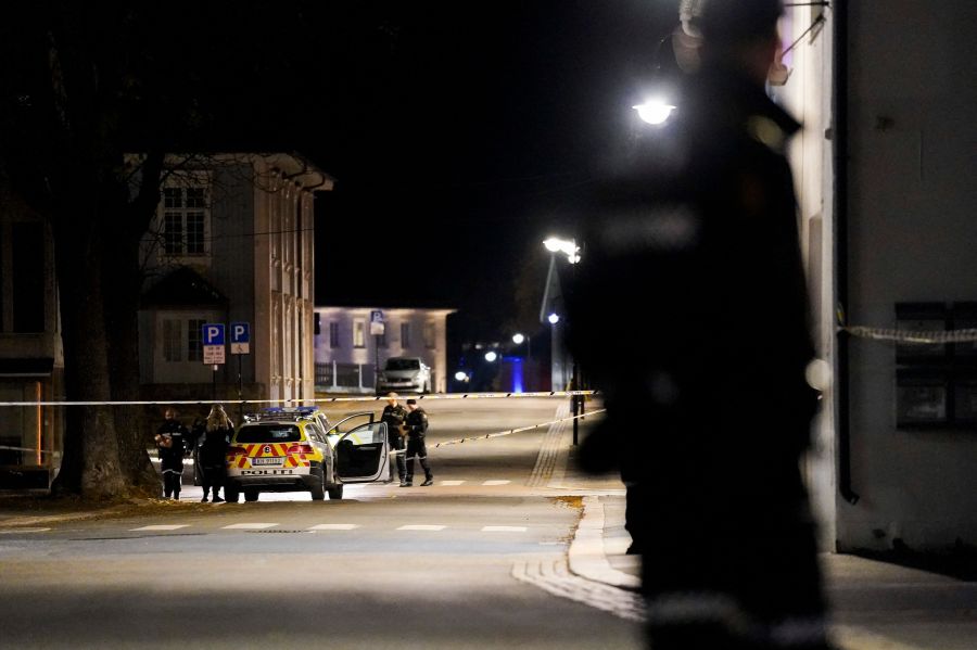 Police officers cordon off the scene where they are investigating in Kongsberg, Norway after a man armed with bow killed several people before he was arrested by police on October 13, 2021. (HAKON MOSVOLD LARSEN/NTB/AFP via Getty Images)