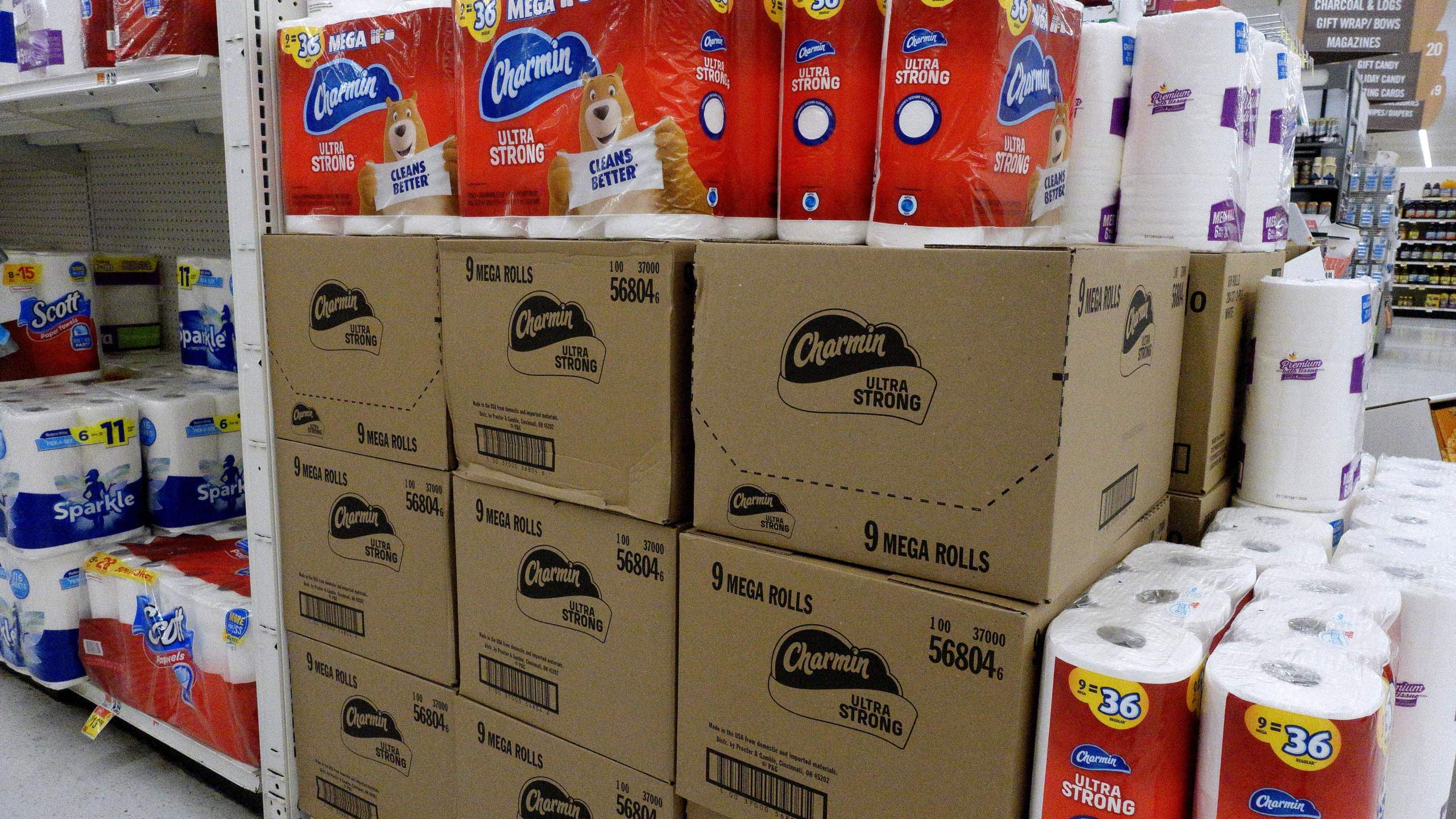 Charmin Ultra Strong toilet paper is on display on a supermarket shelf on Oct. 15, 2021. (OLIVIER DOULIERY/AFP via Getty Images)