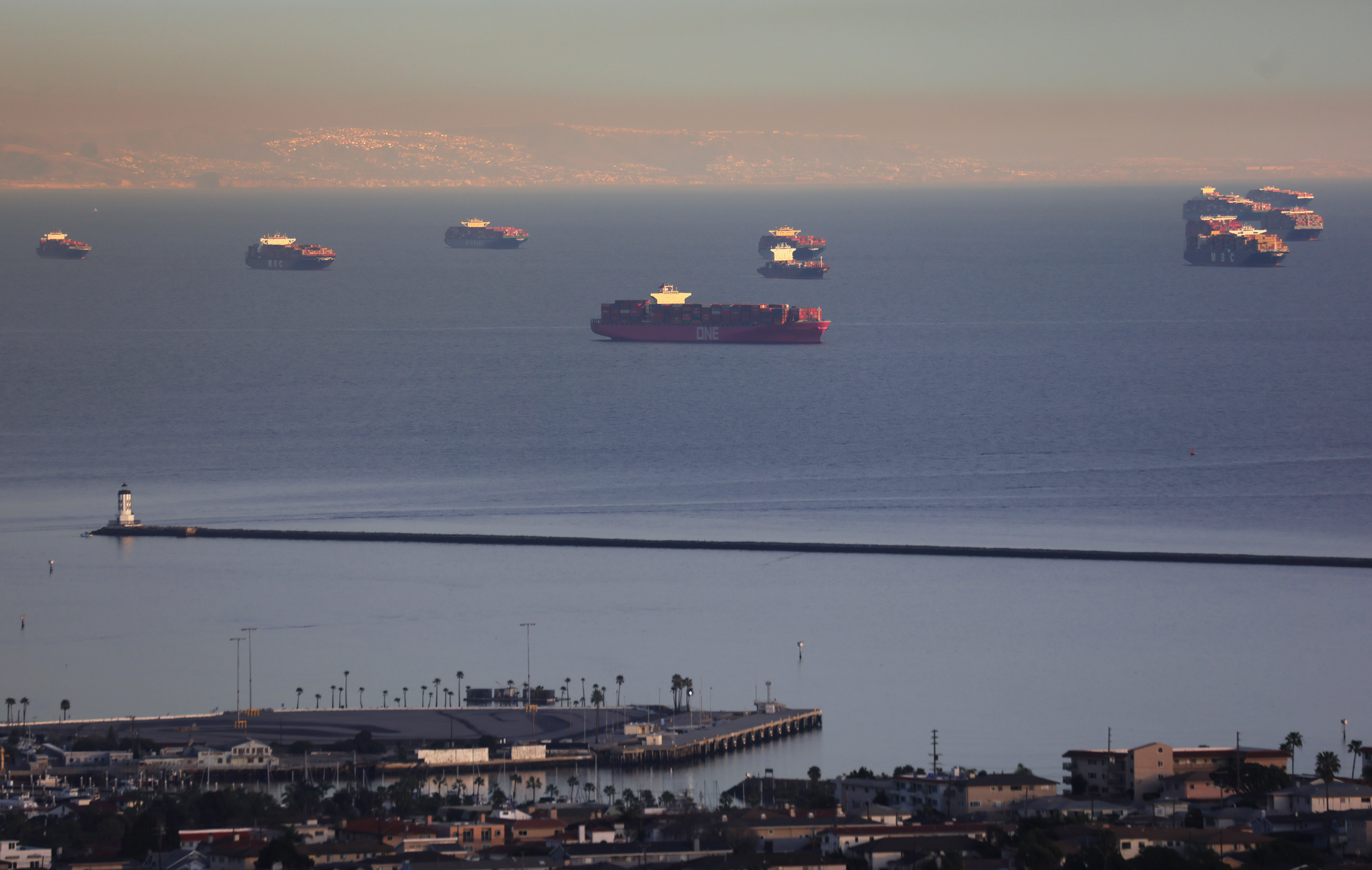 Container ships and tankers are anchored close to the ports of Los Angeles and Long Beach on Feb. 1, 2021 in San Pedro. (Mario Tama/Getty Images)