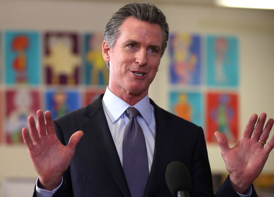 Gov. Gavin Newsom speaks during a news conference after meeting with students at James Denman Middle School in San Francisco on Oct. 1, 2021. (Justin Sullivan / Getty Images)