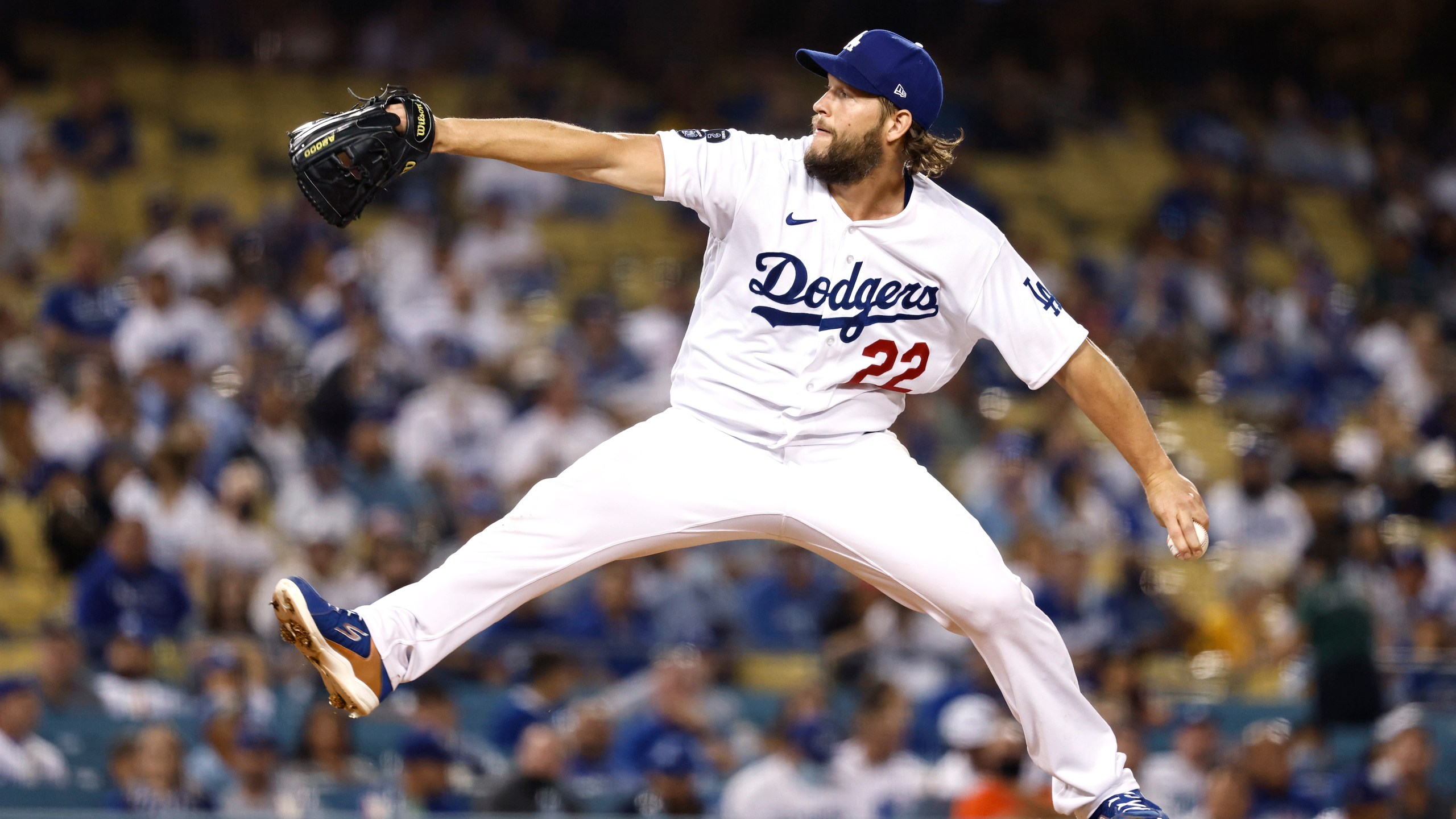 Clayton Kershaw pitches against the Milwaukee Brewers during the first inning at Dodger Stadium on Oct. 1, 2021. (Michael Owens/Getty Images)