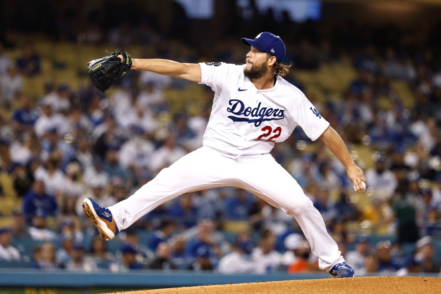 Clayton Kershaw pitches against the Milwaukee Brewers during the first inning at Dodger Stadium on Oct. 1, 2021. (Michael Owens/Getty Images)