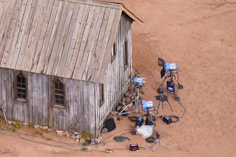 This aerial photo shows the film set at the Bonanza Creek Ranch in Santa Fe, N.M., (AP Photo/Jae C. Hong)