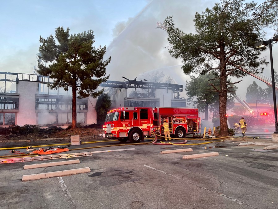 A San Bernardino office building suffered severe damage from a fire on Oct. 3, 2021. (SBCFPD)