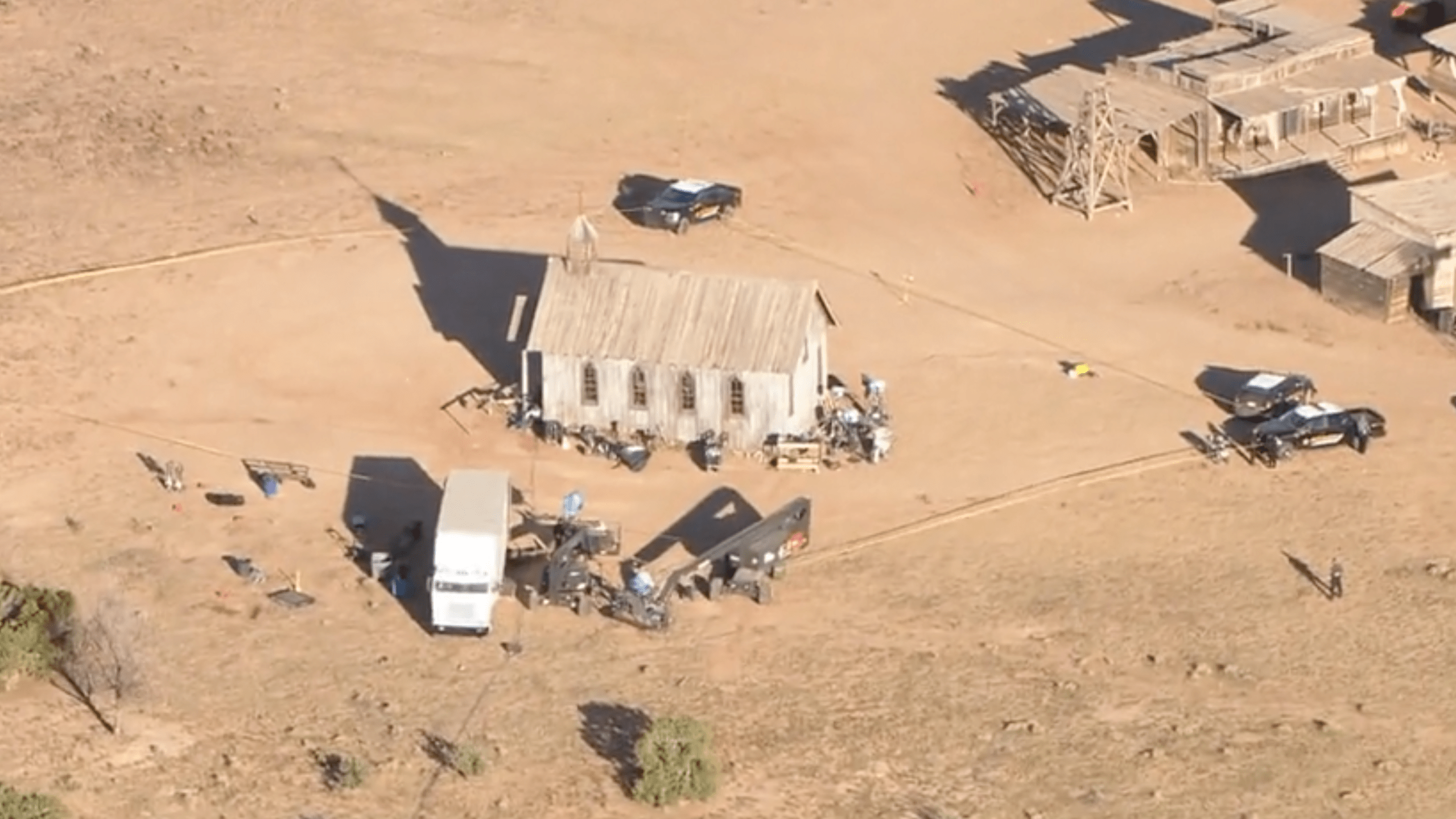 An aerial image of the church at Bonanza Creek Ranch, near Santa Fe, New Mexico is seen on Oct. 21, 2021, after Alec Baldwin fatally shot a woman with a prop gun. (KRQE)