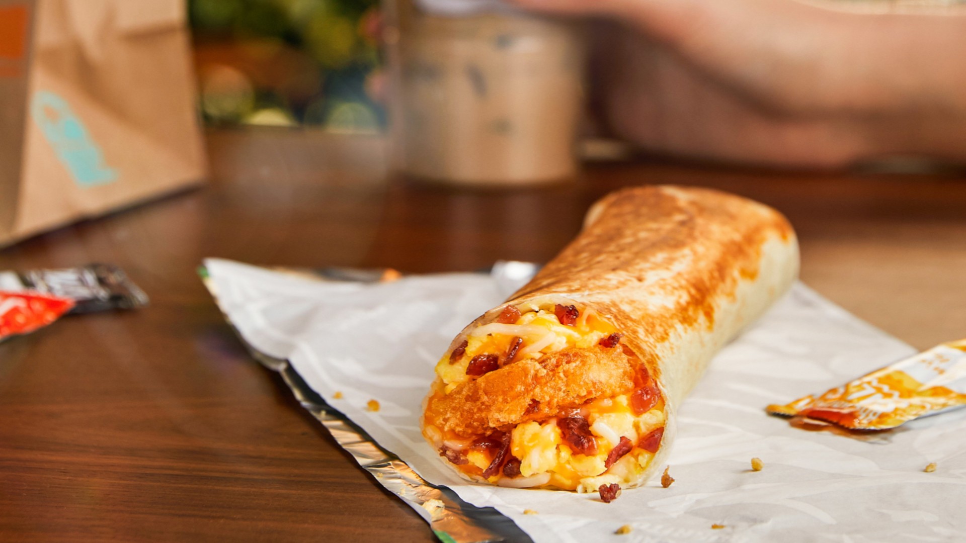 A Taco Bell breakfast burrito is seen in a promotional image from the fast-food chain.