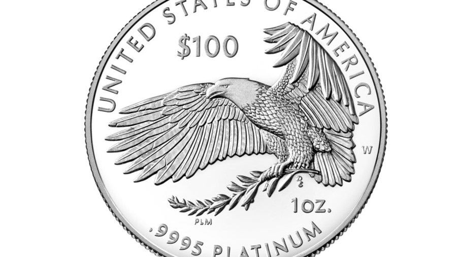 This image provided by the U.S. Mint, the reverse of the 2021 American Eagle Platinum One Ounce Proof Coin - Freedom of Religion, is photographed in Washington. (Burwell and Burwell Photography/U.S. Mint via AP)