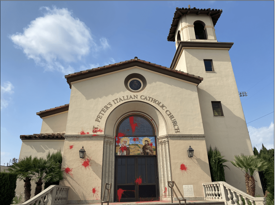 Vandalism at St. Peter's Italian Catholic Church in downtown Los Angeles is seen in a photo released by the Archdiocese of Los Angeles.