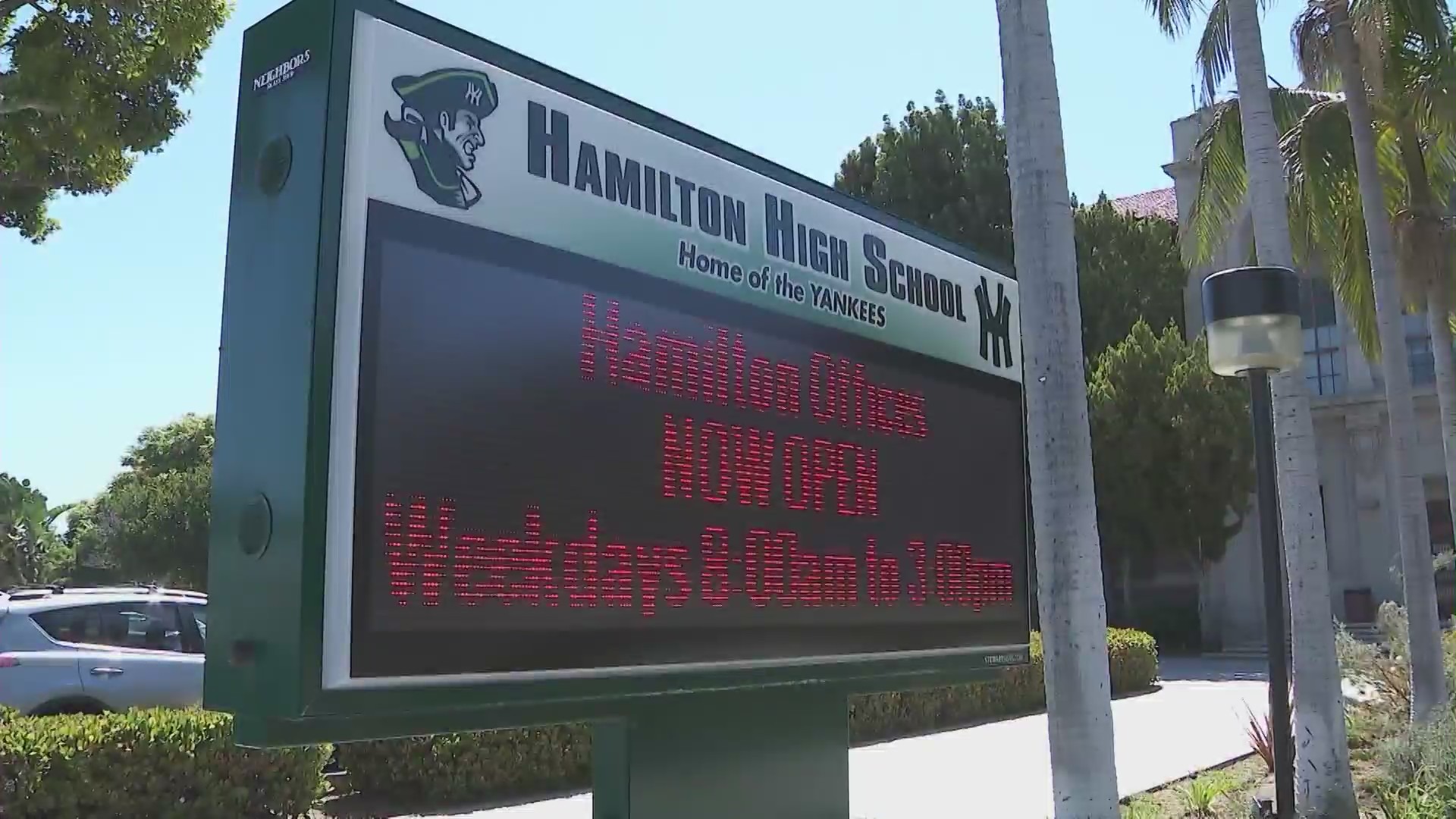 A sign in front of Hamilton High School in the Palms neighborhood is seen in this undated file image. (KTLA)