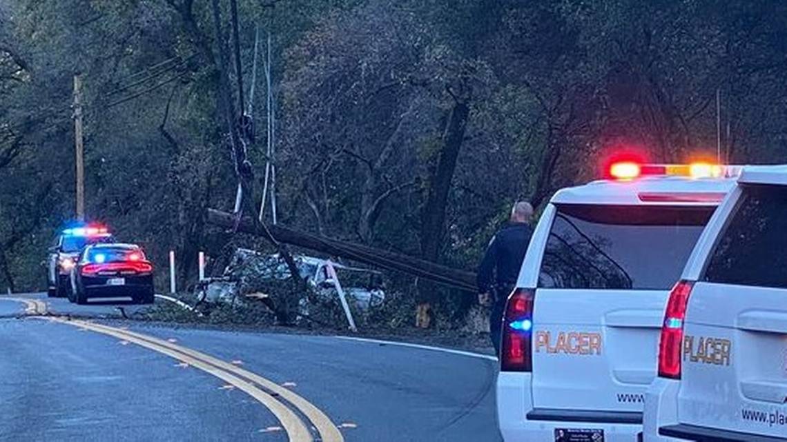 A stolen car with a baby inside crashed into a power pole in Auburn on Nov. 11, 2021. (Placer County Sheriff's Office)