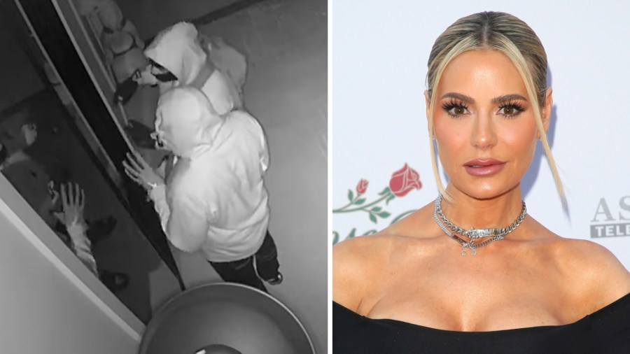 Surveillance footage, left, shows two men breaking into an Encino home on Oct. 27, 2021. (LAPD) On the right, Dorit Kemsley attends the 28th Annual Race To Erase MS: Drive-In Gala at Rose Bowl on June 4, 2021, in Pasadena, California. (Jean Baptiste Lacroix/Getty Images)