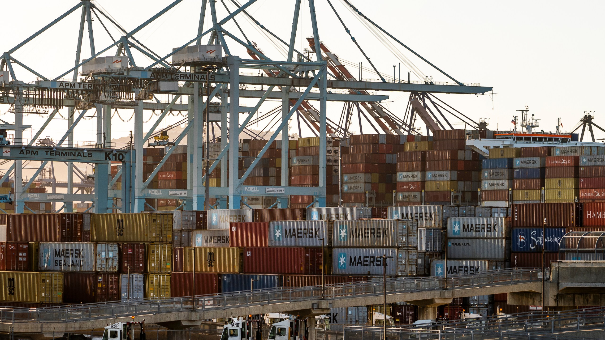 In this Tuesday, Oct. 19, 2021, photo shipping containers are stacked up at Maersk APM Terminals Pacific at the Port of Los Angeles. California Gov, Gavin Newsom on Wednesday, Oct. 20, issued an order that aims to ease bottlenecks at the ports of Los Angeles and Long Beach that have spilled over into neighborhoods where cargo trucks are clogging residential streets. (AP Photo/Damian Dovarganes)