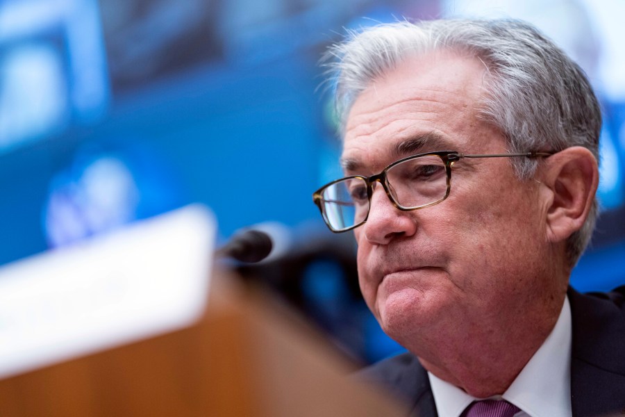 In this Sept. 30, 2021, file photo, Federal Reserve Chairman Jerome Powell testifies during a House Financial Services Committee hearing on Capitol Hill in Washington. Powell says the tangled supply chains and shortages that have bedeviled the U.S. economy since this summer have gotten worse and will likely keep inflation elevated well into next year. (Sarah Silbiger/Pool Photo via AP, File)