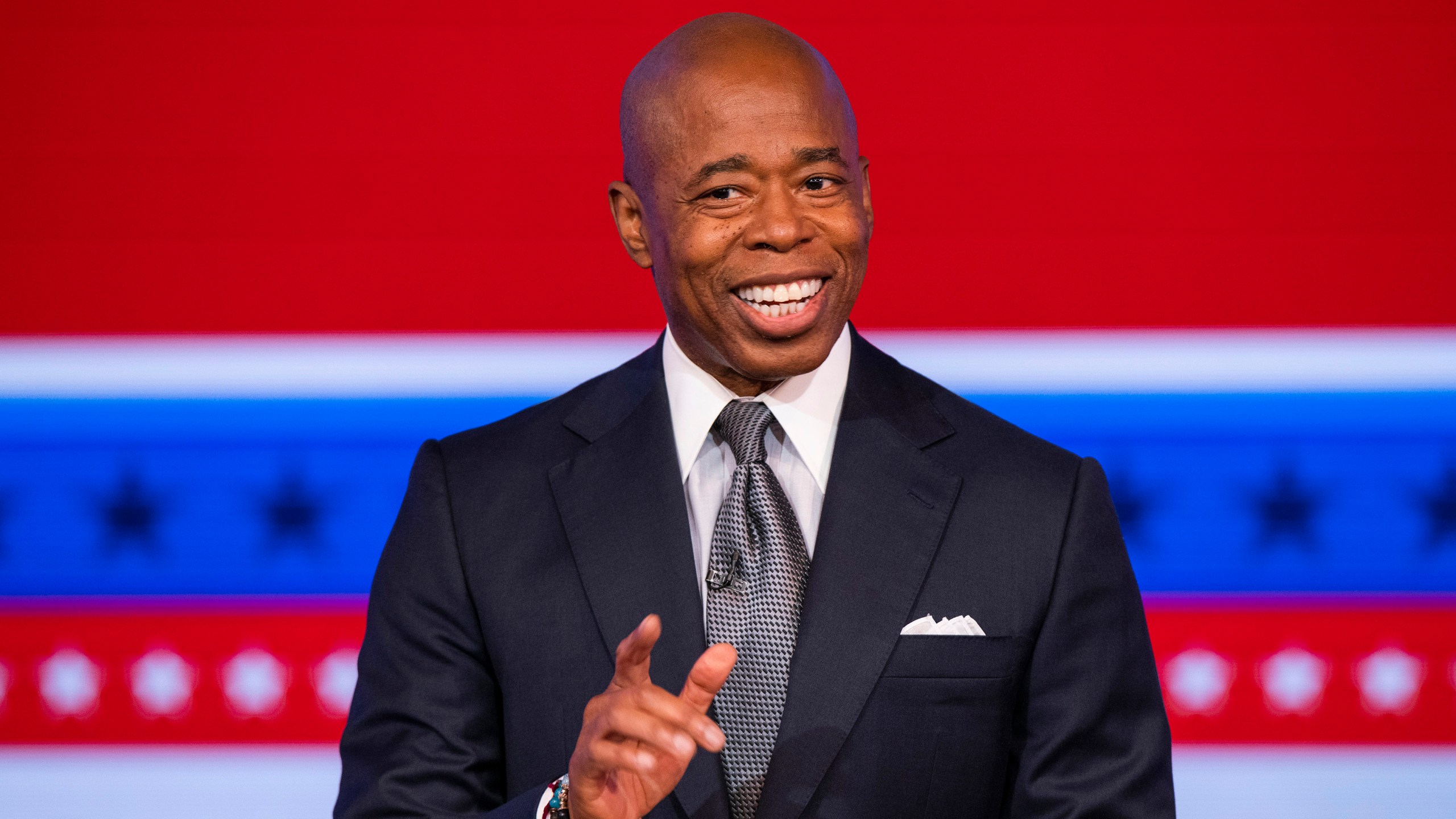 Eric Adams, Brooklyn borough president and Democratic candidate for New York City mayor speaks during a debate with Republican candidate for New York City mayor Curtis Sliwa in New York on Oct. 26, 2021. (Eduardo Munoz/Pool Photo via AP)