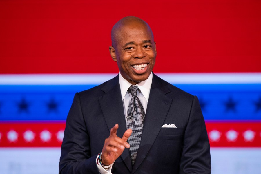 Eric Adams, Brooklyn borough president and Democratic candidate for New York City mayor speaks during a debate with Republican candidate for New York City mayor Curtis Sliwa in New York on Oct. 26, 2021. (Eduardo Munoz/Pool Photo via AP)