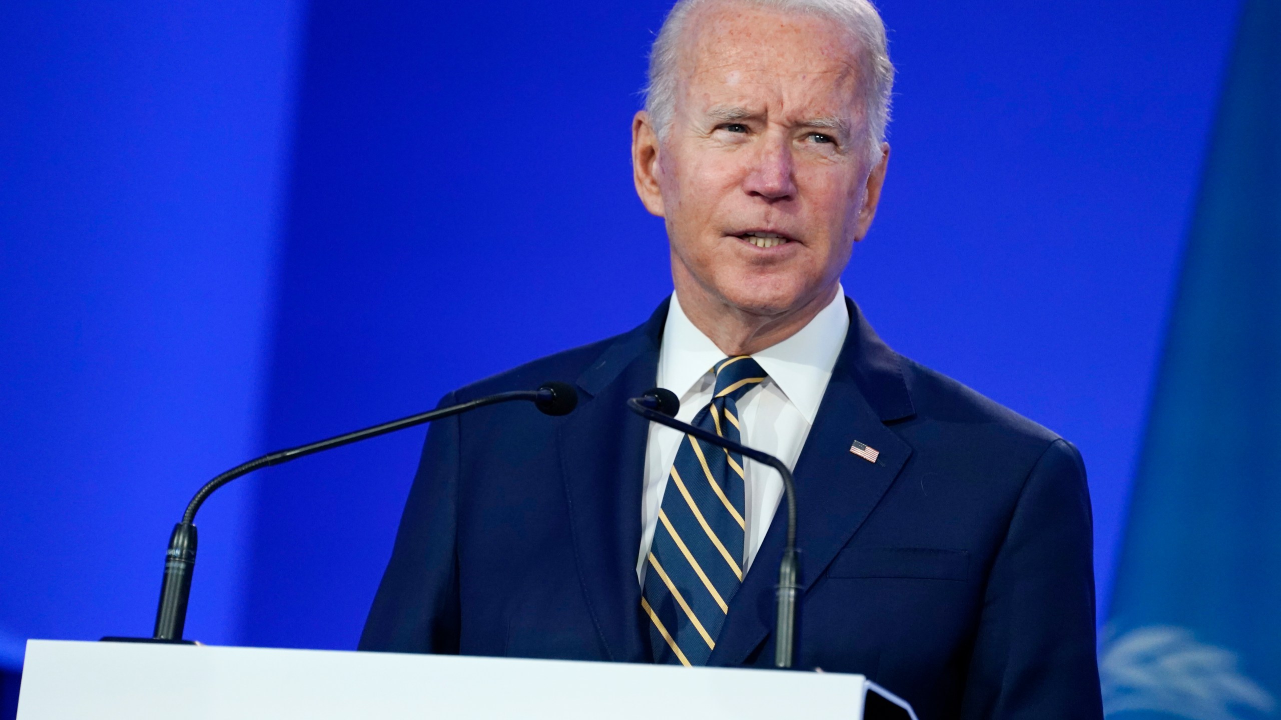 President Joe Biden speaks during the COP26 U.N. Climate Summit, Monday, Nov. 1, 2021, in Glasgow, Scotland. (AP Photo/Evan Vucci, Pool)