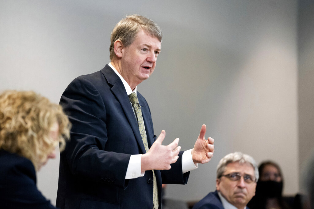 Defense attorney Kevin Gough addresses the court during the trial for the shooting death of Ahmaud Arbery at the Glynn County Courthouse on Monday, Nov. 8, 2021 in Brunswick, Ga. (Sean Rayford/Pool Photo via AP)