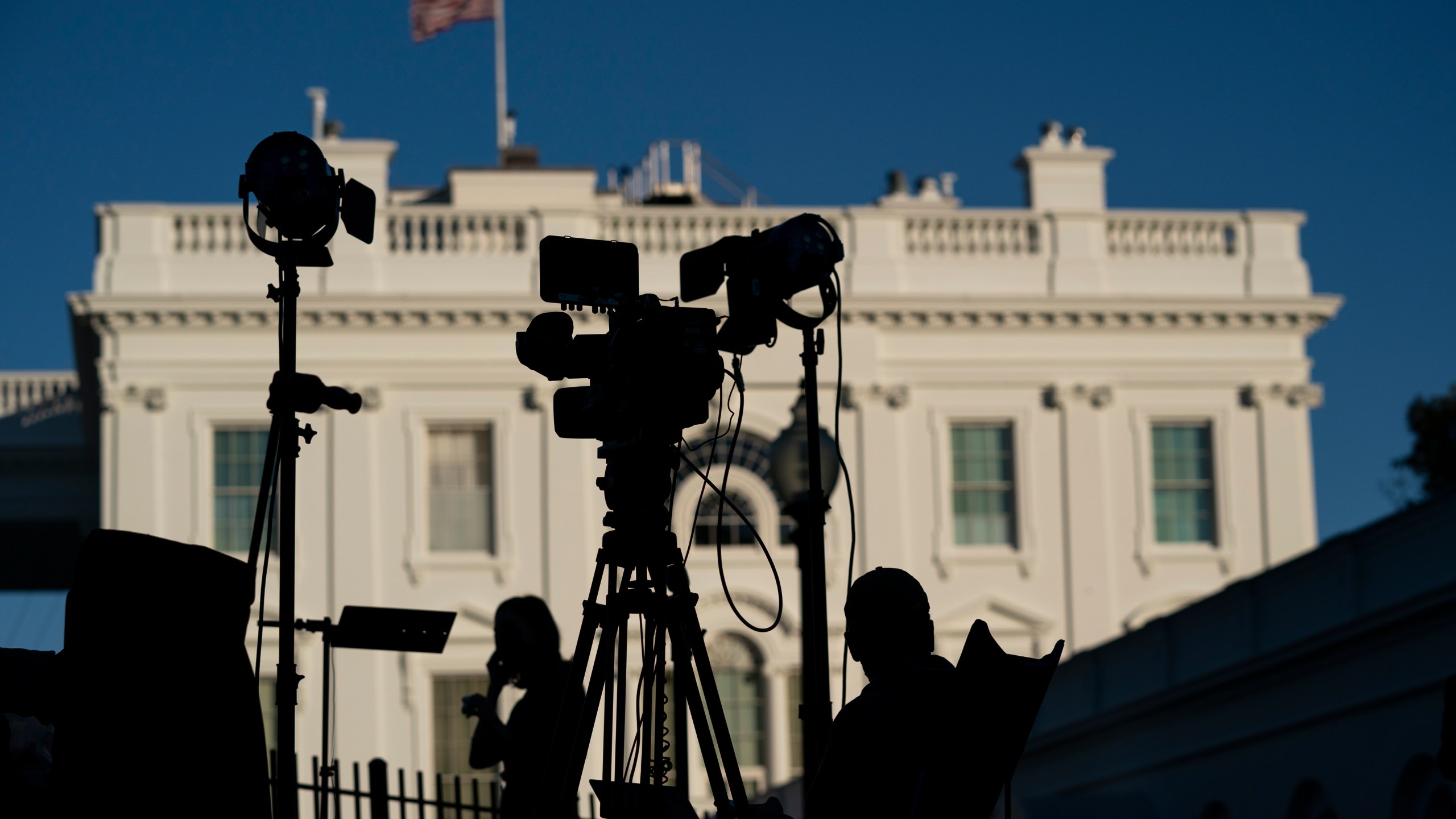 Journalists gather outside the White House in Washington on Nov. 4, 2020. (AP Photo/Evan Vucci, File)