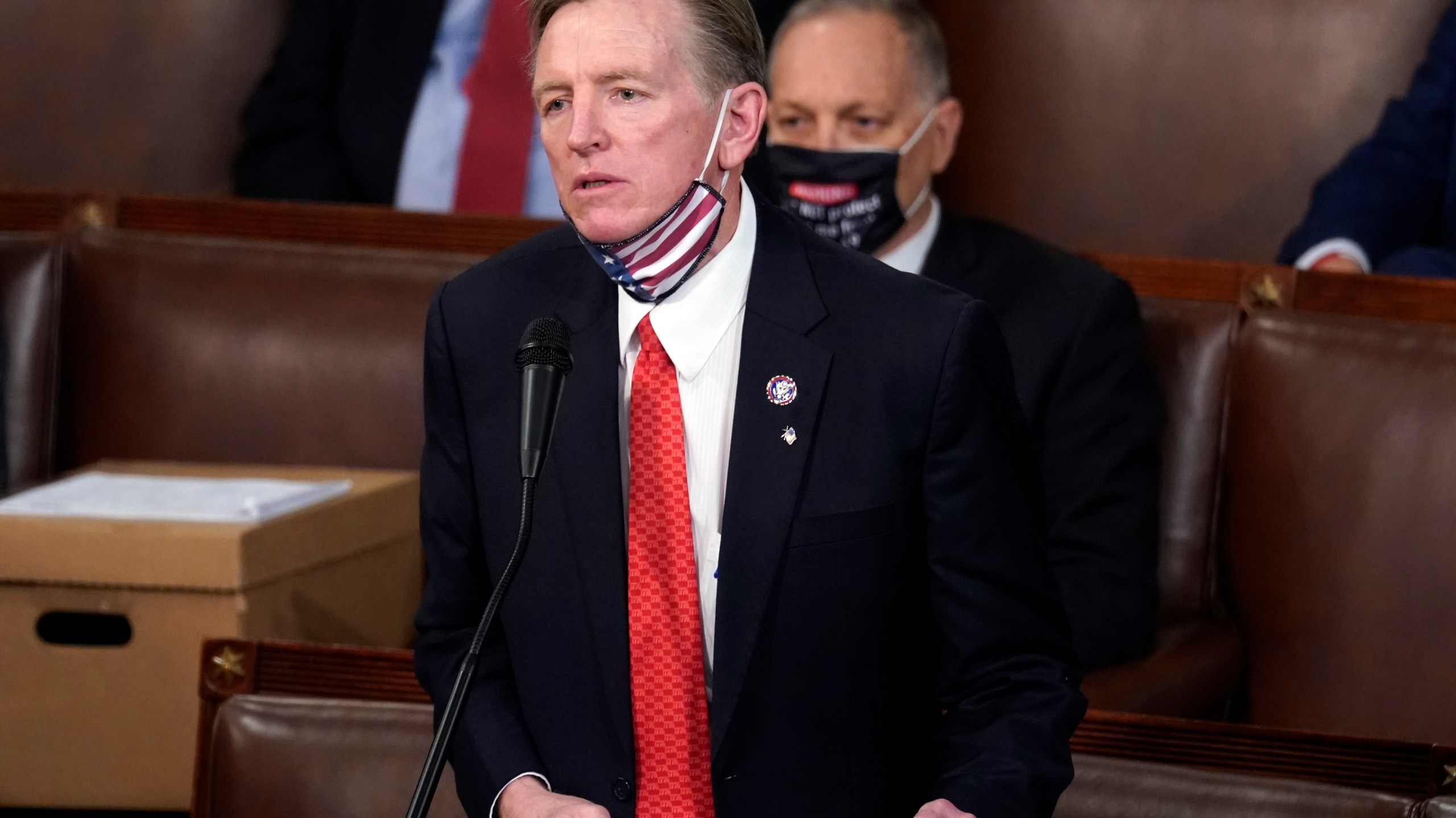 Rep. Paul Gosar, R-Ariz., objects to certifying Arizona's Electoral College votes during a joint session of the House and Senate convenes to count the electoral votes cast in November's election, at the Capitol, on Jan 6, 2021. (Andrew Harnik/Associated Press)