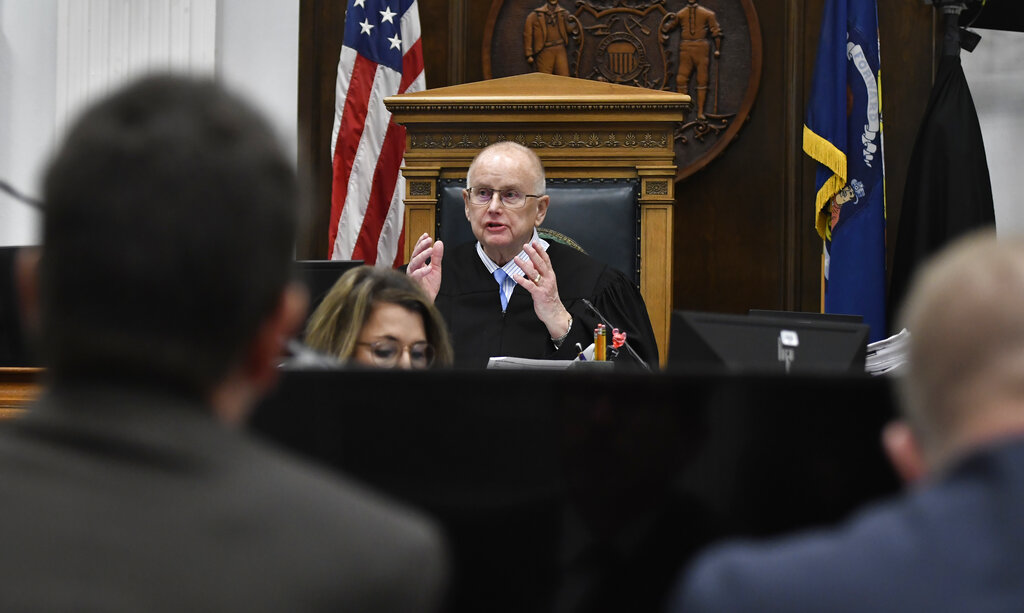 Judge Bruce Schroeder speaks to the attorneys about how the jury will view evidence as they deliberate during Kyle Rittenhouse's trial at the Kenosha County Courthouse in Kenosha, Wis., on Wednesday, Nov. 17, 2021. (Sean Krajacic/The Kenosha News via AP, Pool)