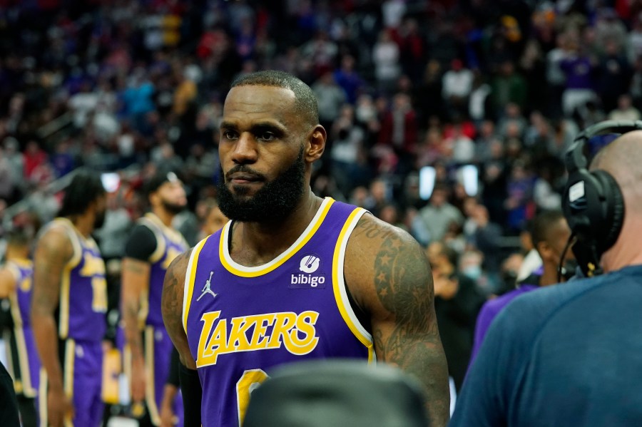 Los Angeles Lakers forward LeBron James is ejected after fouling Detroit Pistons center Isaiah Stewart during the second half of an NBA basketball game, Sunday, Nov. 21, 2021, in Detroit. (AP Photo/Carlos Osorio)