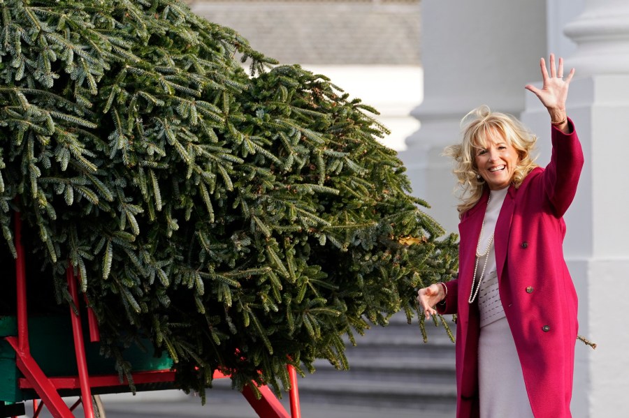 First lady Jill Biden waves to people watching as she looks over the official White House Christmas Tree, grown in North Carolina, as it arrives at the White House in Washington, Monday, Nov. 22, 2021. (AP Photo/Susan Walsh)