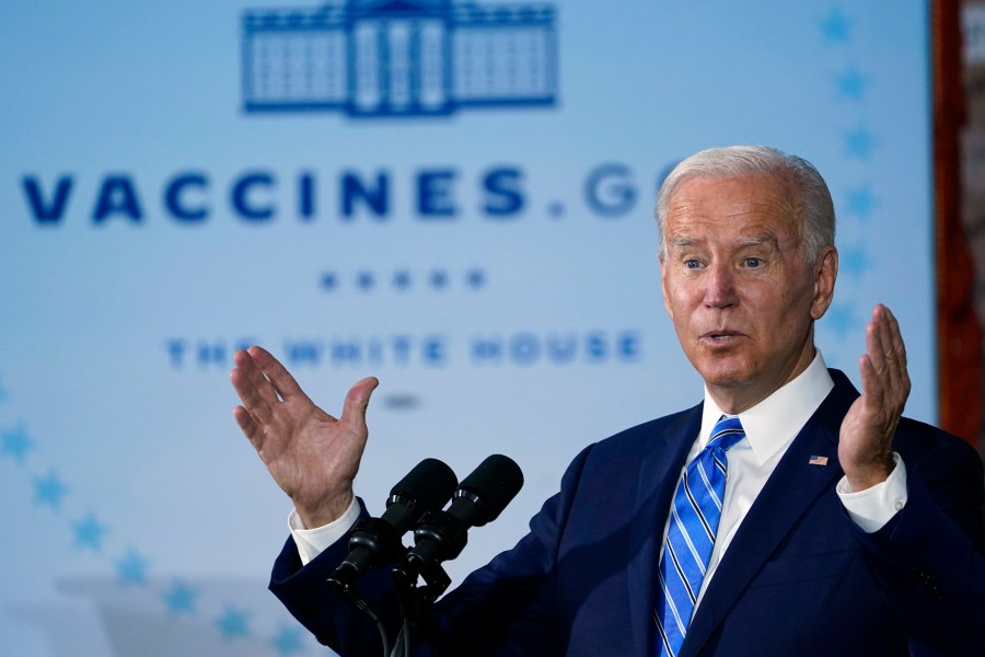 President Joe Biden speaks about COVID-19 vaccinations after touring a Clayco Corporation construction site for a Microsoft data center in Elk Grove Village, Ill., on Oct. 7, 2021. Looks like the Biden administration’s vaccine mandate for millions of federal workers is working, and dire projections of disruption to law enforcement, intelligence gathering, or holiday travel have not materialized. Of Tuesday, one day after the deadline, 92% of the 3.5 million federal workers covered by Biden’s reported to the administration that they are at least partially vaccinated, according to White House officials. In total, 96.5% of employees have been deemed in compliance with the policy, whether through medical or religious exemptions that are still being evaluated. (AP Photo/Susan Walsh, File)