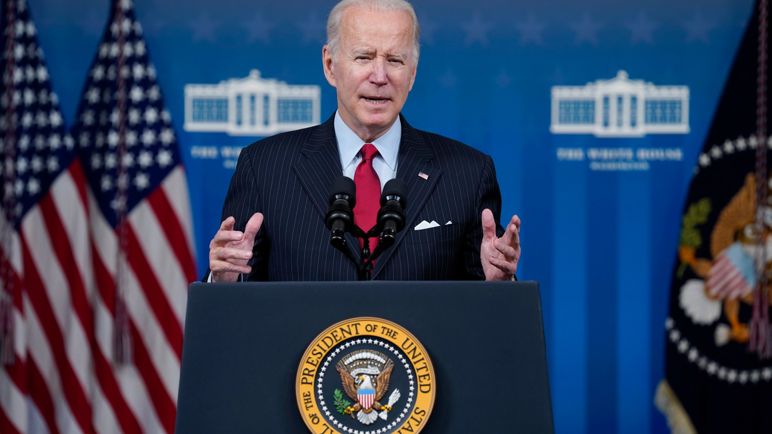 President Joe Biden delivers remarks on the economy in the South Court Auditorium on the White House campus, Tuesday, Nov. 23, 2021, in Washington. (AP Photo/Evan Vucci)