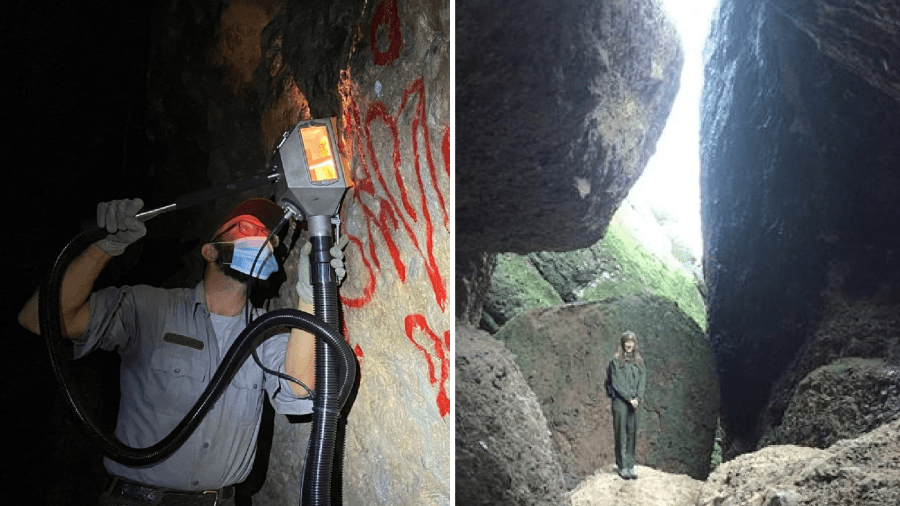 A Pinnacles employee uses machinery to remove graffiti from the Balconies Caves. (NPS / Paul G. Johnson). On the right, a view of Balconies Cave is seen in an undated photo. (Joseph Negreann/ National Parks Service)