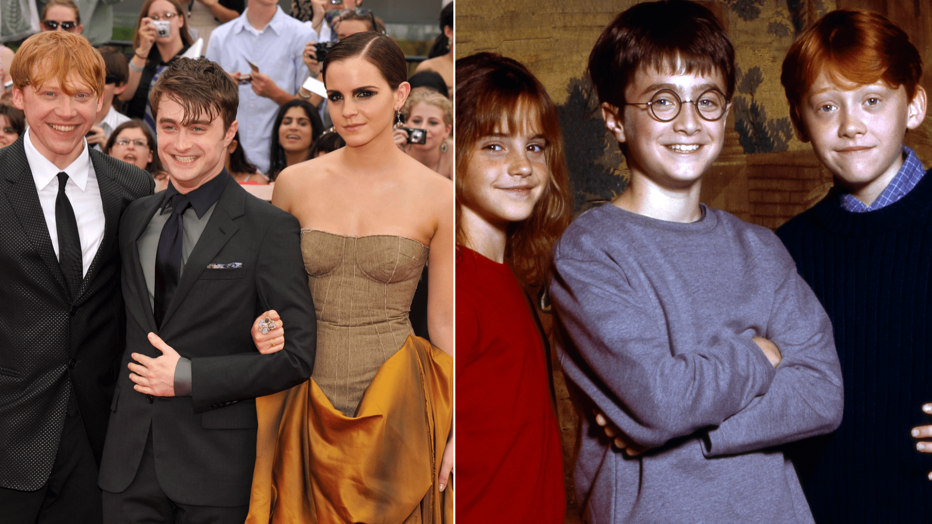 Daniel Radcliffe, Rupert Grint, Emma Watson are seen on July 11, 2011 in New York City. (Stephen Lovekin/Getty Images) On the right, the three are seen in an undated photo provided by Warner Media.