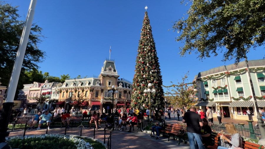 A view of the Disneyland Christmas tree on Main Street on Nov. 13, 2021. (KTLA)