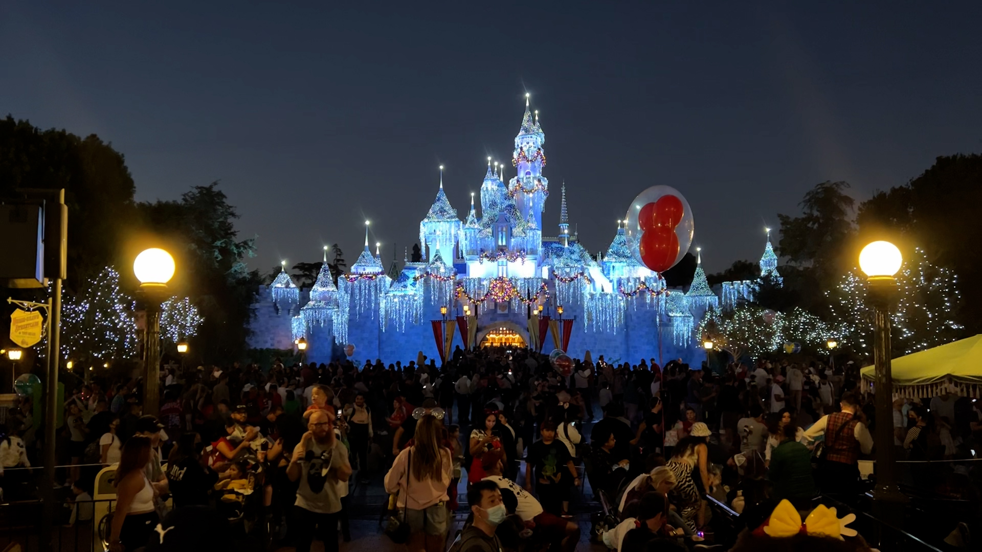 Sleeping Beauty Castle is lit up on Nov. 13, 2021. (KTLA)