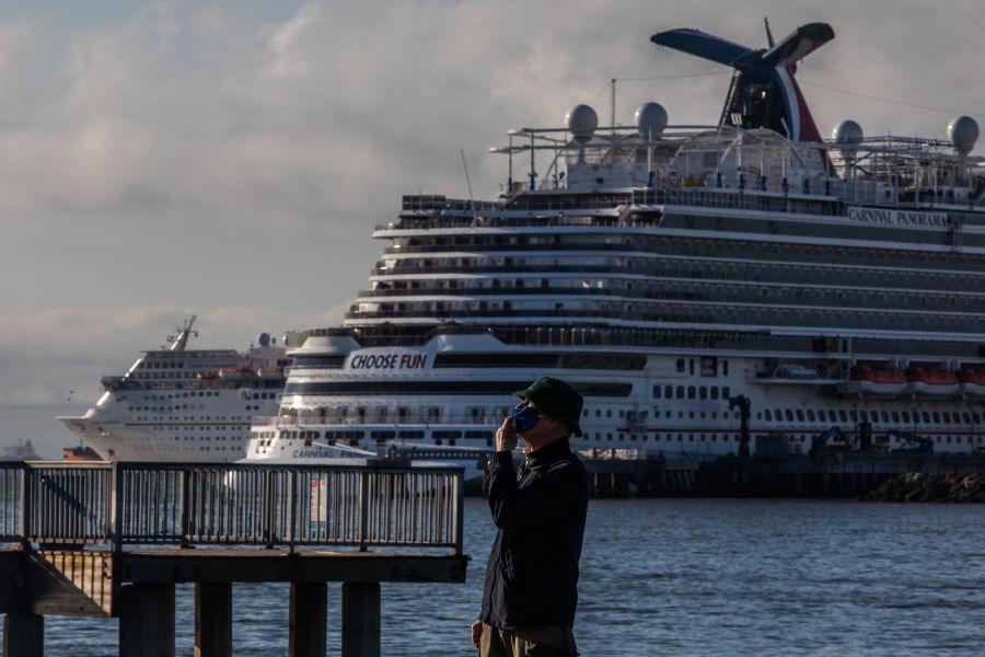 Cruise Ships are seen docked at the port due to a no-sail order in Long Beach on April 11, 2020. (APU GOMES/AFP via Getty Images)