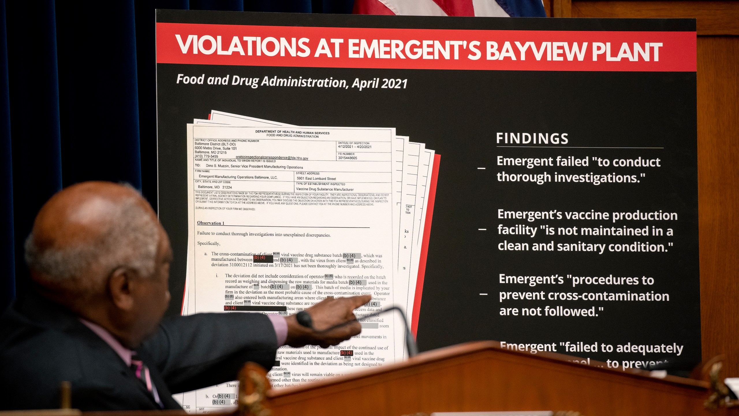 Rep. James Clyburn (D-SC) points to a display during a House Select Subcommittee hearing in the Rayburn House Office Building on Capitol Hill on May 19, 2021 in Washington DC. The hearing examined the actions that Emergent took that led to the destruction of millions of doses of Coronavirus vaccines. (Photo by Stefani Reynolds-Pool/Getty Images)