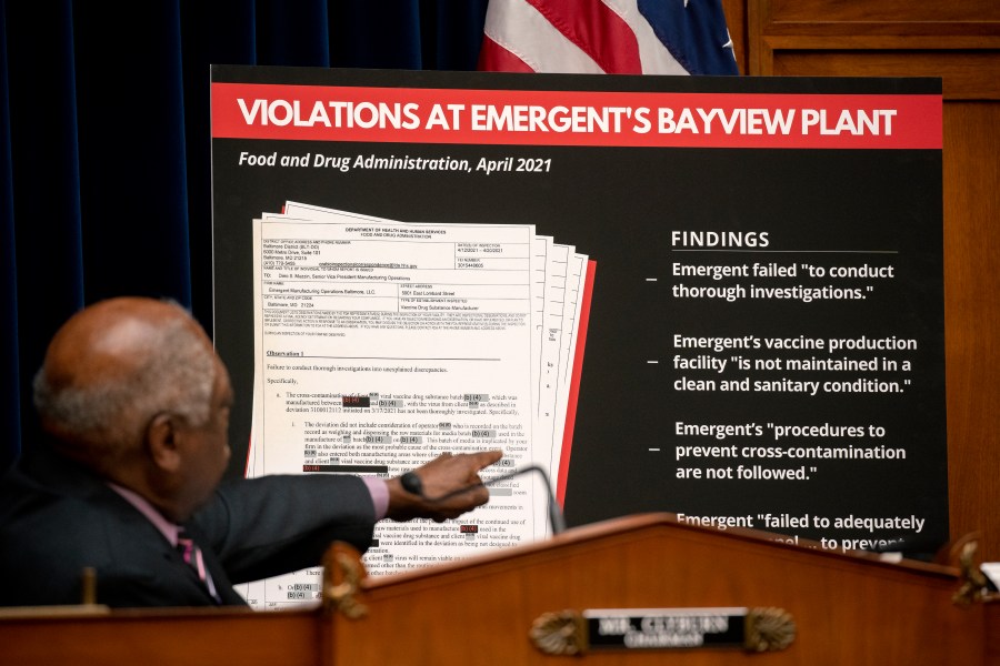 Rep. James Clyburn (D-SC) points to a display during a House Select Subcommittee hearing in the Rayburn House Office Building on Capitol Hill on May 19, 2021 in Washington DC. The hearing examined the actions that Emergent took that led to the destruction of millions of doses of Coronavirus vaccines. (Photo by Stefani Reynolds-Pool/Getty Images)