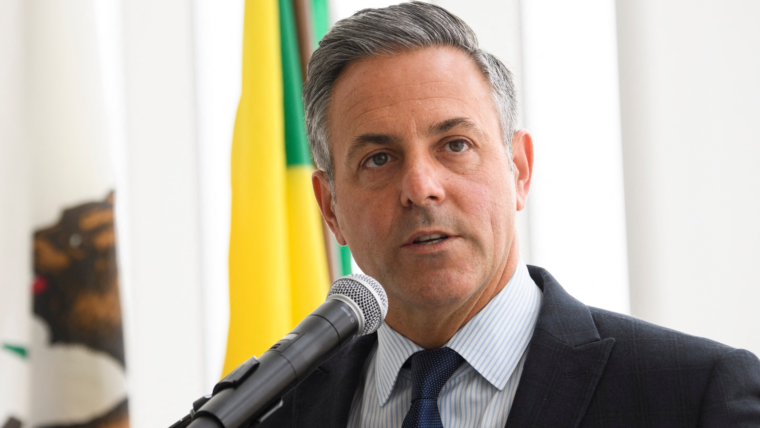 Los Angeles City Council member and mayoral candidate Joe Buscaino speaks at Los Angeles International Airport on June 4, 2021. (PATRICK T. FALLON/AFP via Getty Images)