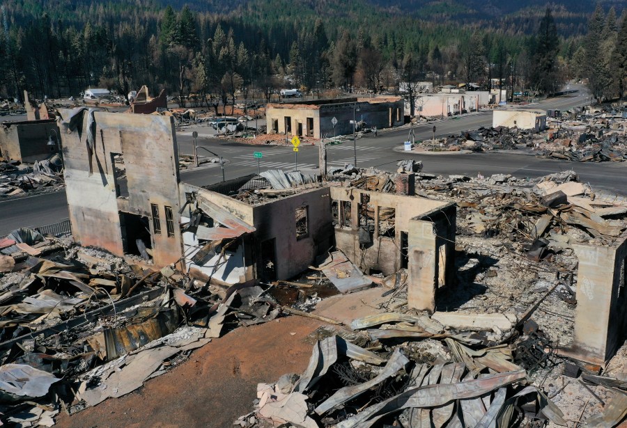 In an aerial view, the remains of homes and businesses that were destroyed by the Dixie Fire are visible on Sept. 24, 2021 in Greenville, California. (Justin Sullivan/Getty Images)