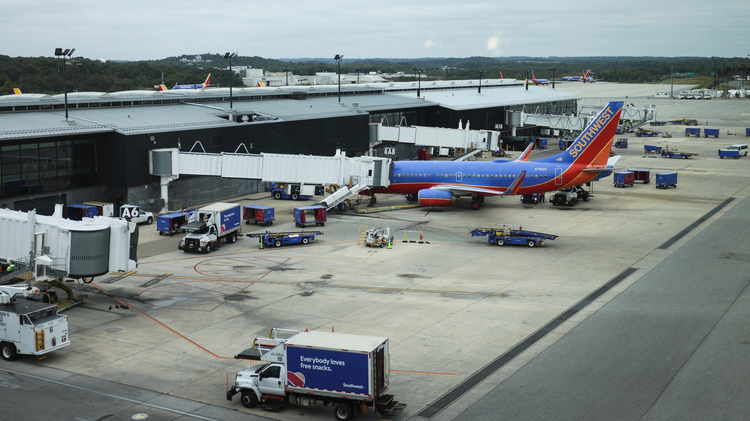 A Southwest Airlines airplane waits at a gate at Baltimore Washington International Thurgood Marshall Airport on Oct. 11, 2021. (Kevin Dietsch/Getty Images)