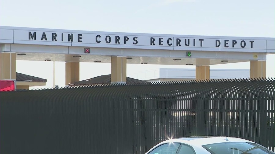 An allegedly knife-wielding man was shot and killed at the Marine Corps Recruiting Depot in San Diego, shown in this undated photo, on Nov. 26, 2021. (KTLA)